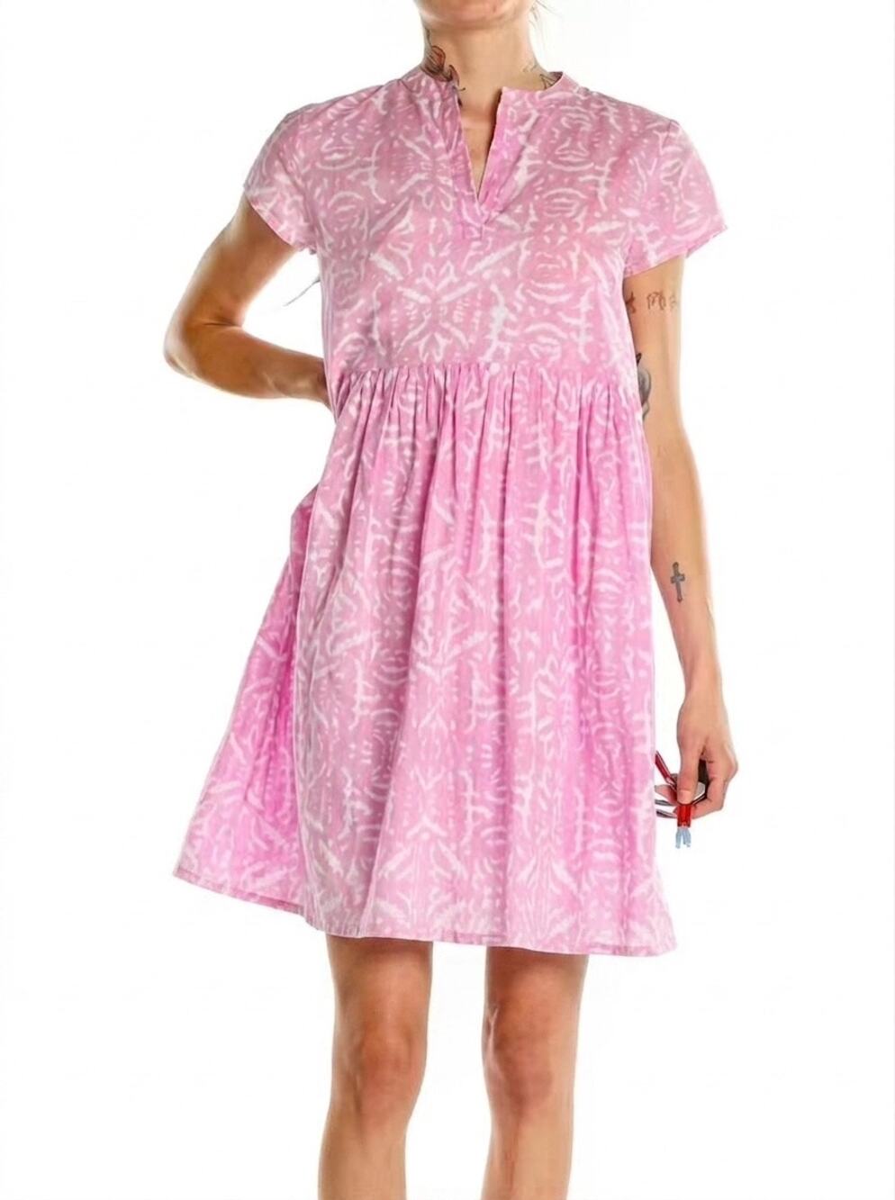 Ro’s Garden Mini Dress Pink Cotton Hand Blocked Floral High Waist Babydoll XS